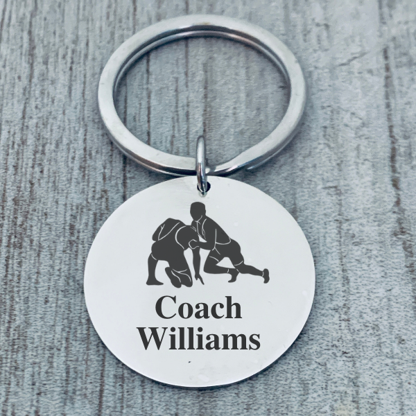 Personalized Engraved Wrestling Coach Keychain - Round - Pick Style