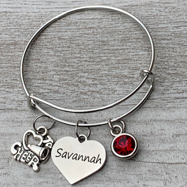 Personalized Cheer Bangle Bracelet with Engraved Name Charm