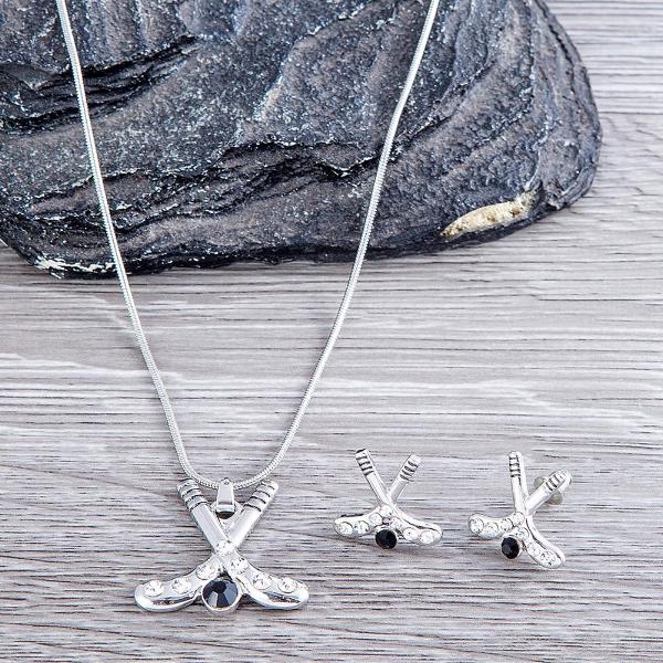 Ice Hockey Stick Earrings Necklace Gift Bundle