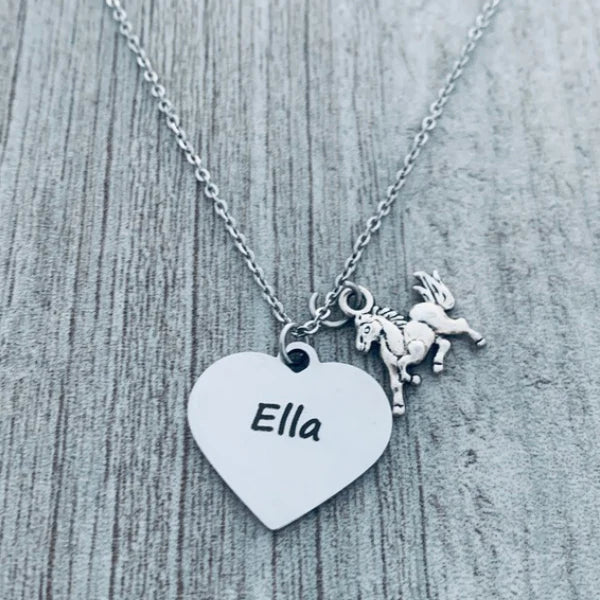 Personalized Engraved Horse Necklace - Heart Shape - Pick Charm