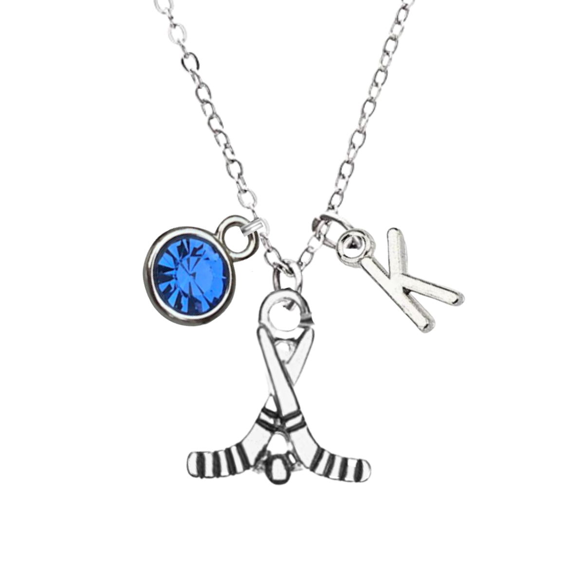 Personalized Ice Hockey Stick Necklace with Letter & Birthstone Charm