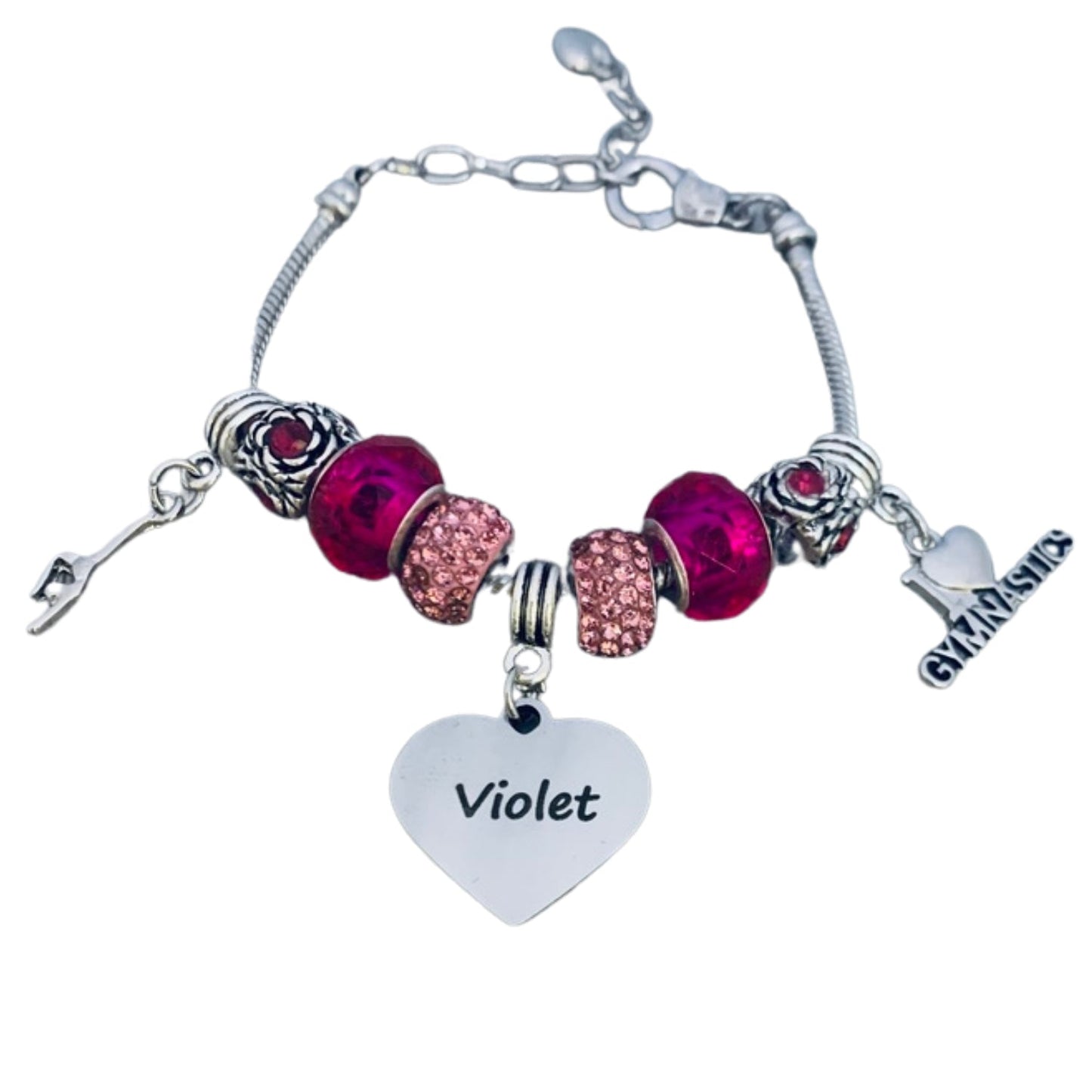 Girls Personalized Silver Plated Adjustable Gymnastics Bracelet with Engraved Charm
