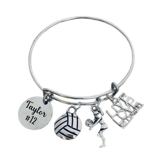 Personalized Silver Plated Adjustable Volleyball Bracelet with Engraved Charm