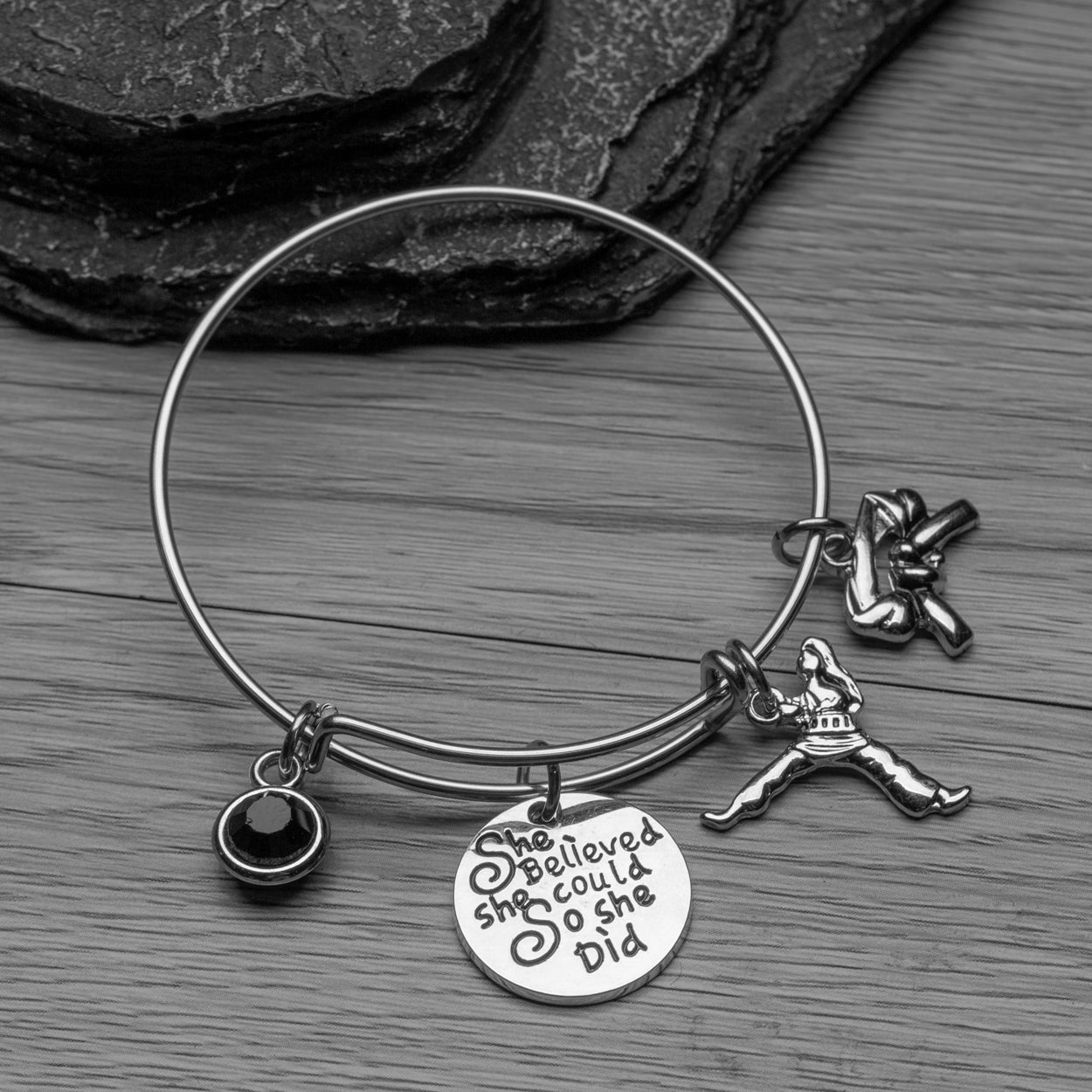 Martial Arts Charm Black Belt Bangle Bracelet