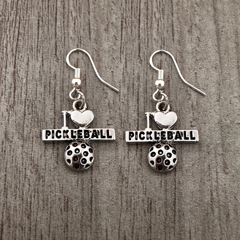 silver I Love Pickleball Earrings