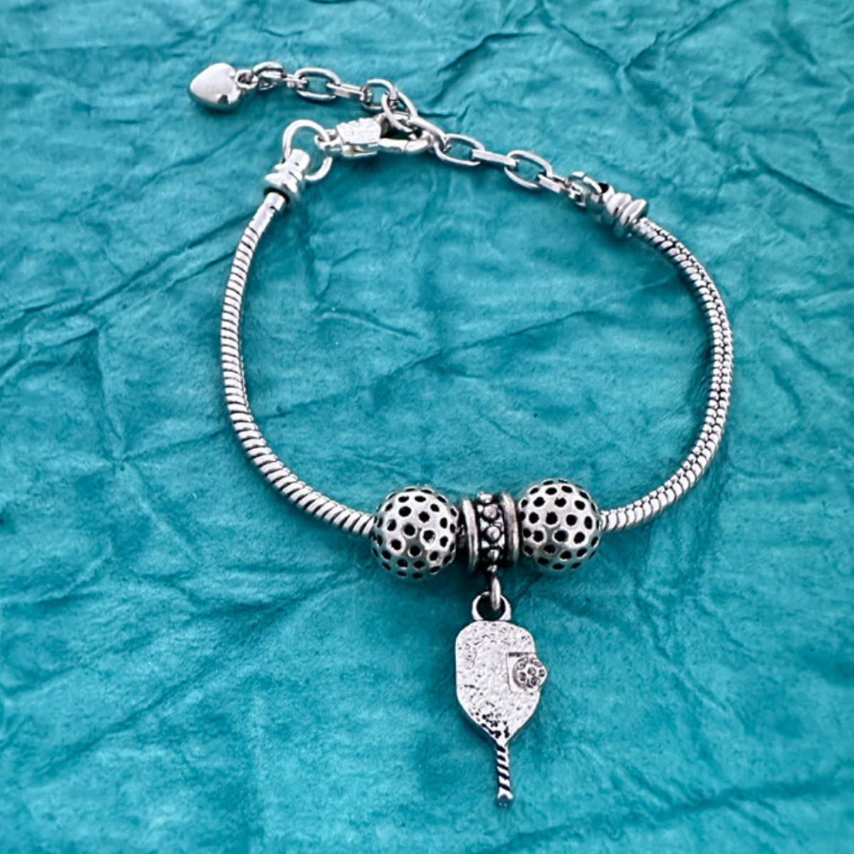 silver Pickleball Snake Chain Charm Bracelet