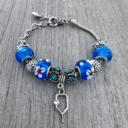 Blue Pickleball Charm Beaded Bracelet