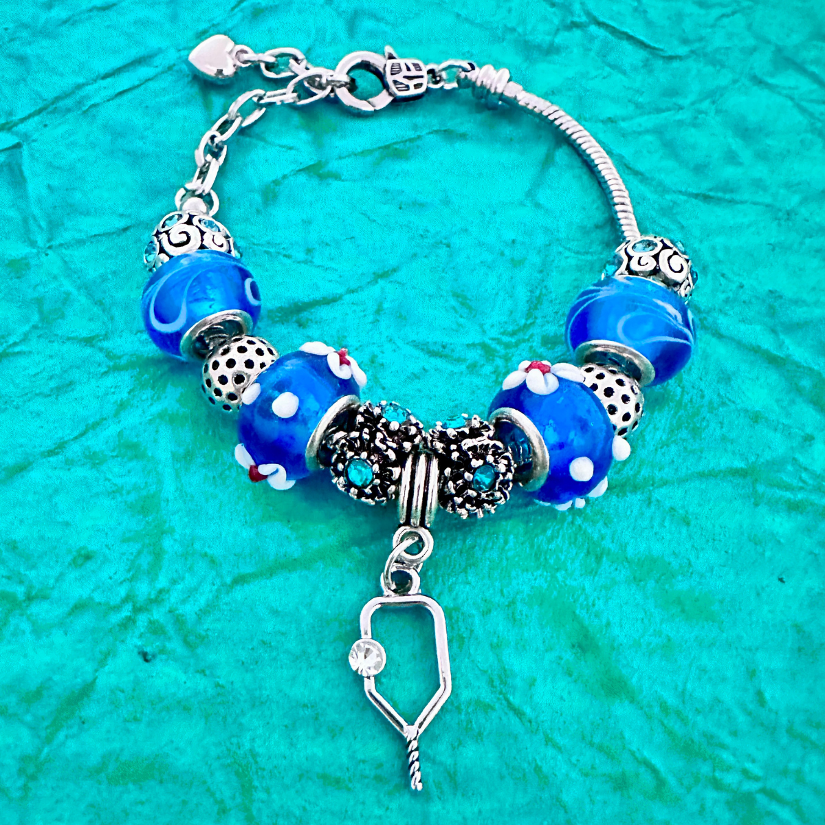 Blue Pickleball Charm Beaded Bracelet