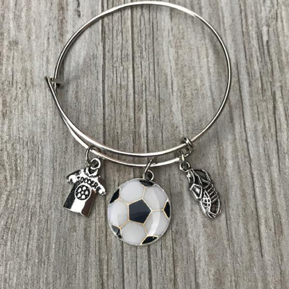 Soccer Bangle Bracelet with Jersey, Soccer Ball, and Cleat Charms
