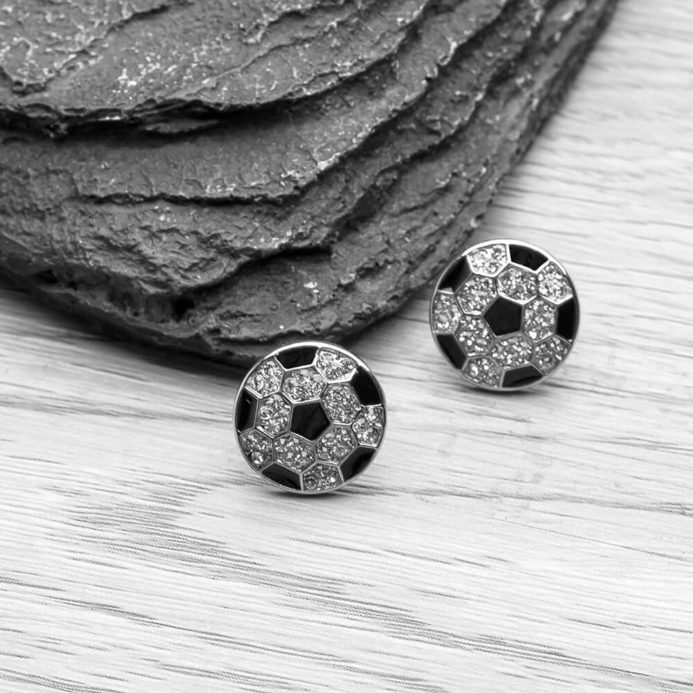 Silver-plated soccer ball stud earrings with rhinestone details, great for game day or everyday wear