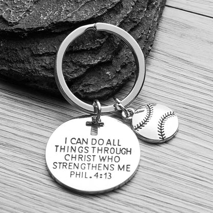Baseball Faith Charm Keychain, I Can Do All Things Through Christ Who Strengthens Me - Sportybella