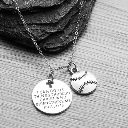 Softball Necklace, Faith I Can Do All Things Through Christ Who Strengthens Me Phil. 4:13