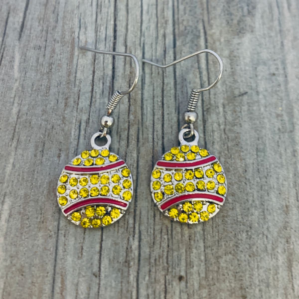 Softball-themed earrings in Sportybella gift pouch, ideal for birthdays, tournaments, or team accessories