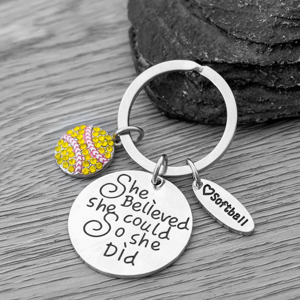 Softball Keychain with Rhinestone Charm - She Believed She Could So She Did