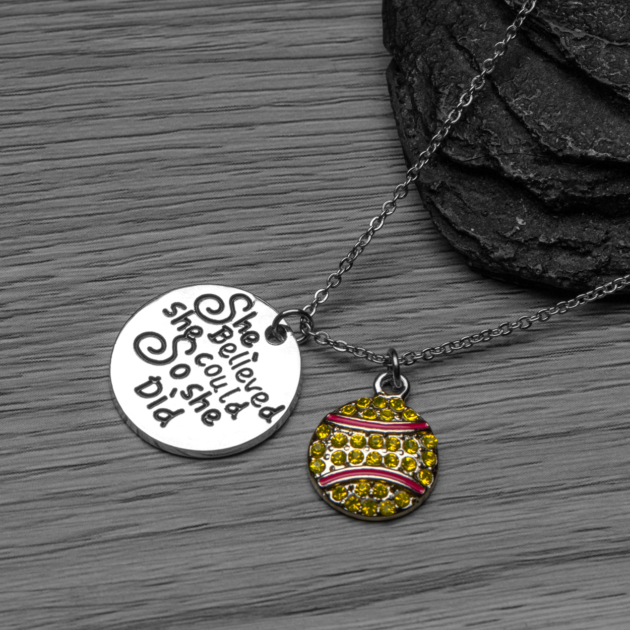 Softball Necklace - She Believed She Could So She Did with Rhinestone Charm