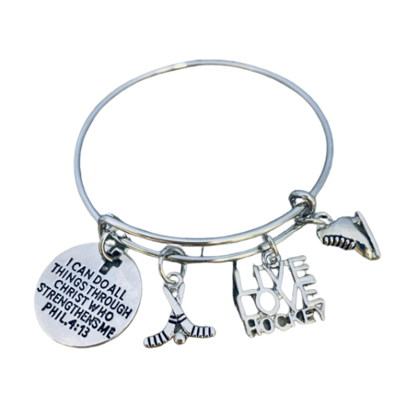 Ice Hockey Christian Charm Bracelet, I Can Do All Things Through Christ Who Strengthens Me
