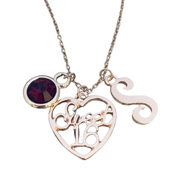 Personalized Rose Gold Sweet 16 Charm Birthday Necklace with Letter & Birthstone