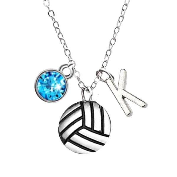 Personalized Volleyball Necklace- Letter & Birthstone Charm