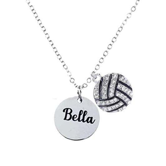 Engraved Volleyball Necklace with Rhinestone Volleyball Ball Charm