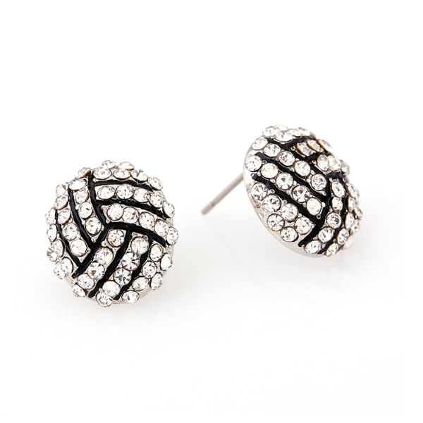 Close-up of glittery volleyball earrings with crystal pave design, ideal gift for volleyball girls and coaches