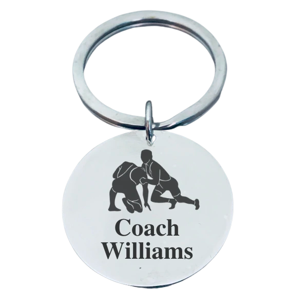 Personalized Engraved Wrestling Coach Keychain - Round - Pick Style